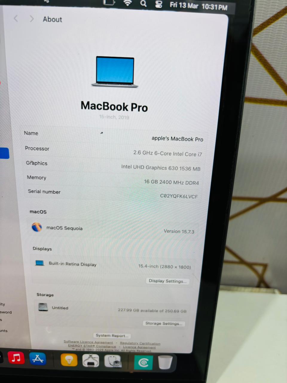 Model: MacBook Pro (15-inch, 2019) Processor: 2.6 GHz 6-Core Intel Core i7 Memory: 16 GB 2400 MHz DDR4 Storage: 256 GB SSD (with 227.99 GB available) Graphics: Intel UHD Graphics 630 1536 MB - Image 10
