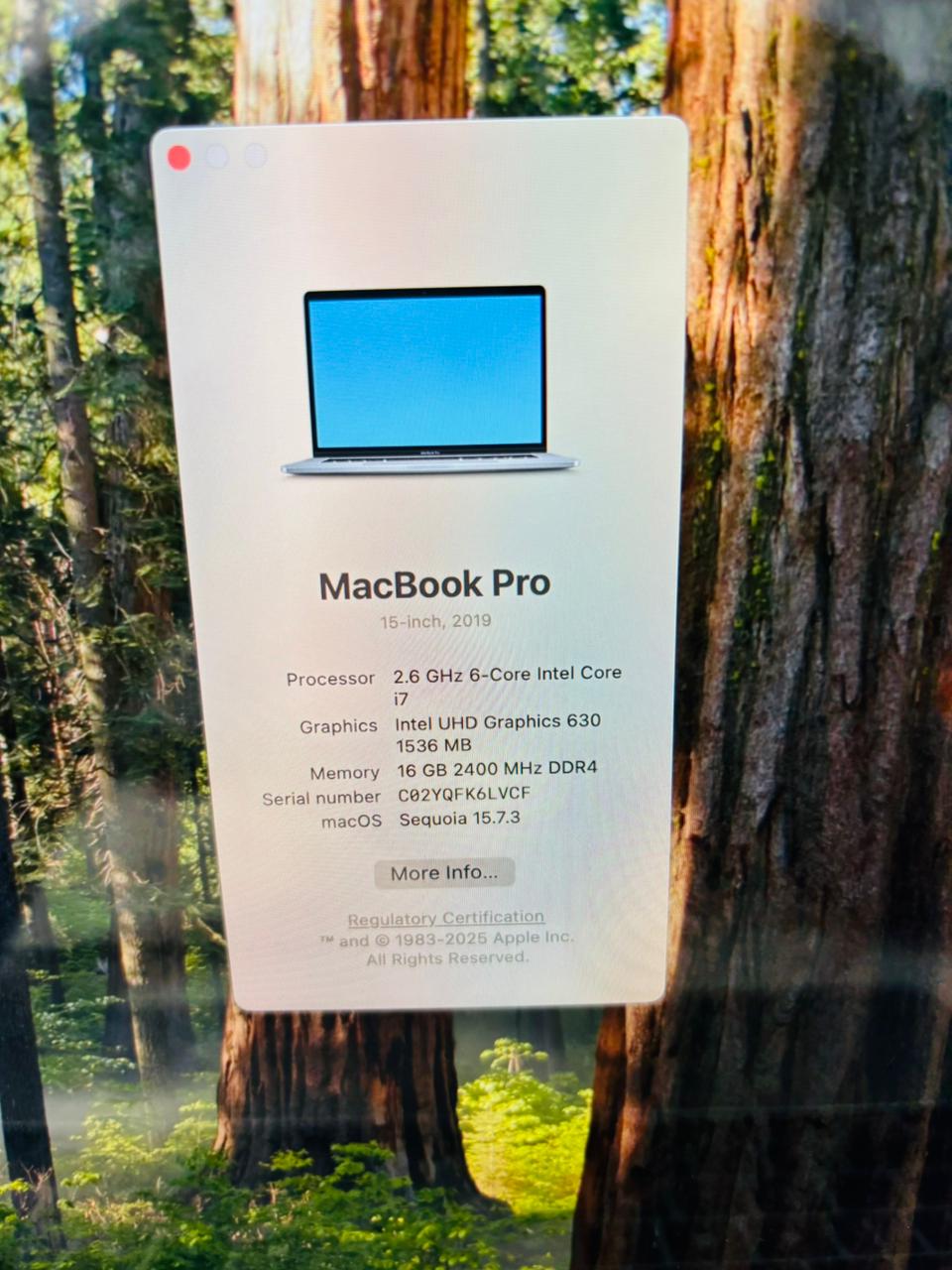 Model: MacBook Pro (15-inch, 2019) Processor: 2.6 GHz 6-Core Intel Core i7 Memory: 16 GB 2400 MHz DDR4 Storage: 256 GB SSD (with 227.99 GB available) Graphics: Intel UHD Graphics 630 1536 MB - Image 7